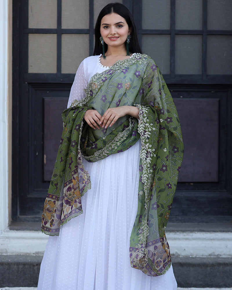 White Color Georgette Designer Gown With Dupatta  - By Qivii