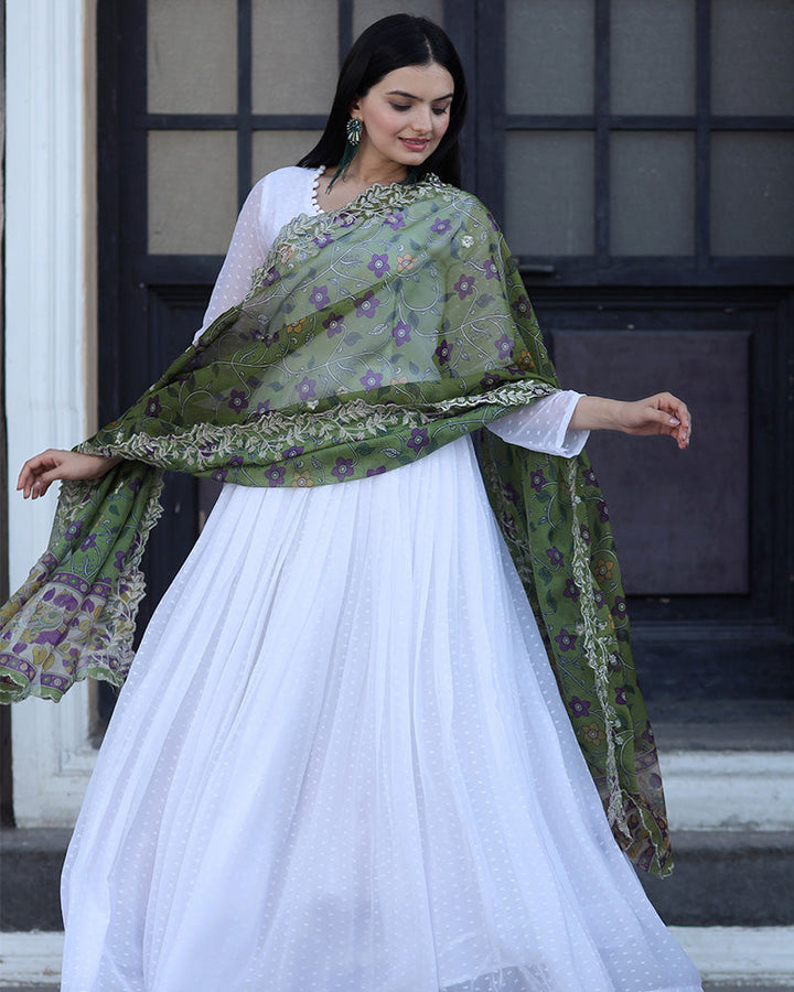 White Color Georgette Designer Gown With Dupatta  - By Qivii