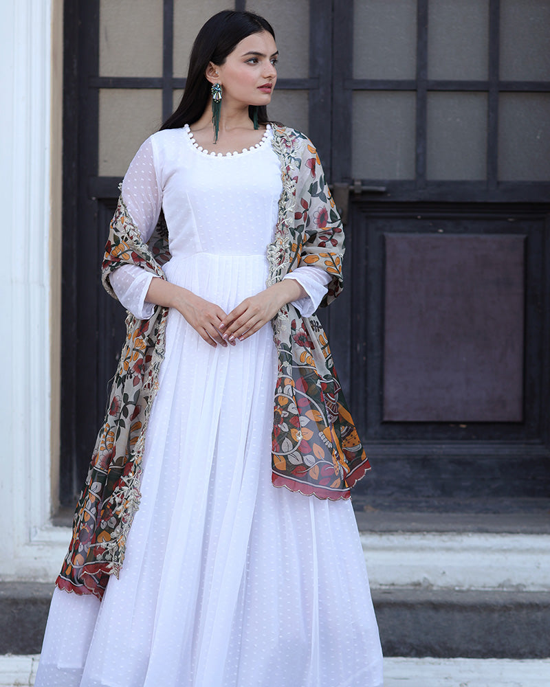 White Color Georgette Designer Gown With Dupatta  - By Qivii