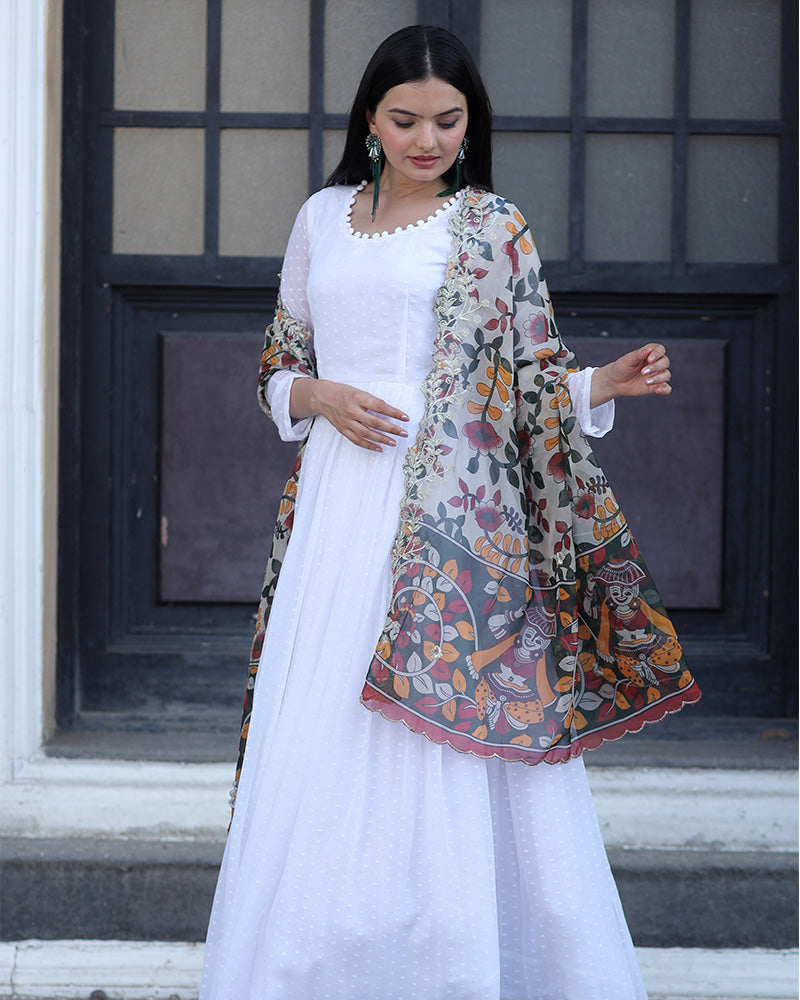 White Color Georgette Designer Gown With Dupatta  - By Qivii