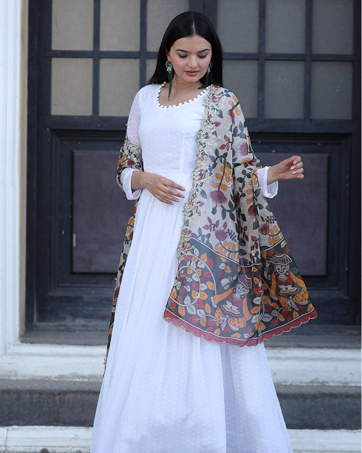 White Color Georgette Designer Gown With Dupatta  - By Qivii