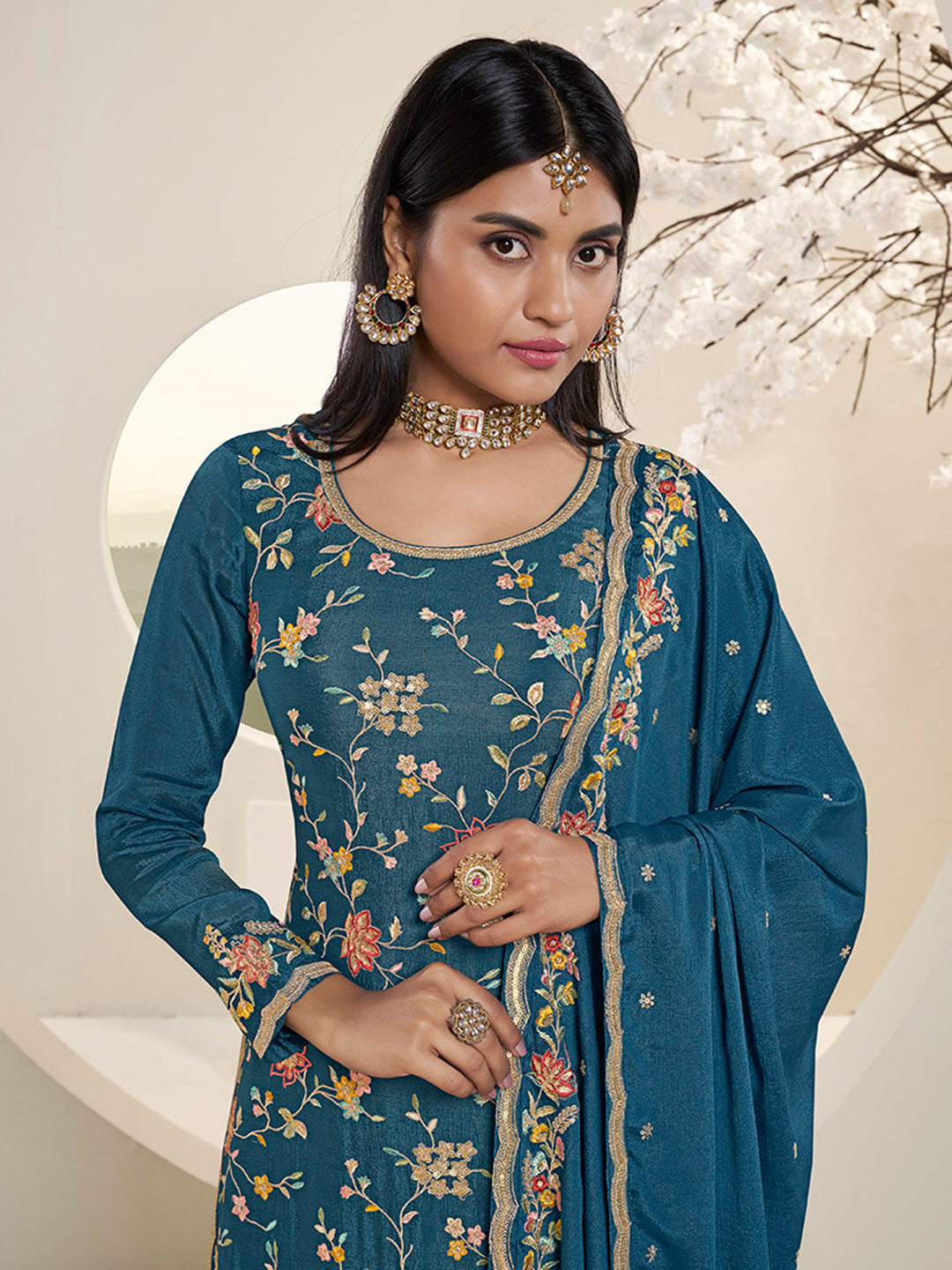 Blue Floral Embroidered Sharara Suit Set by Qivii