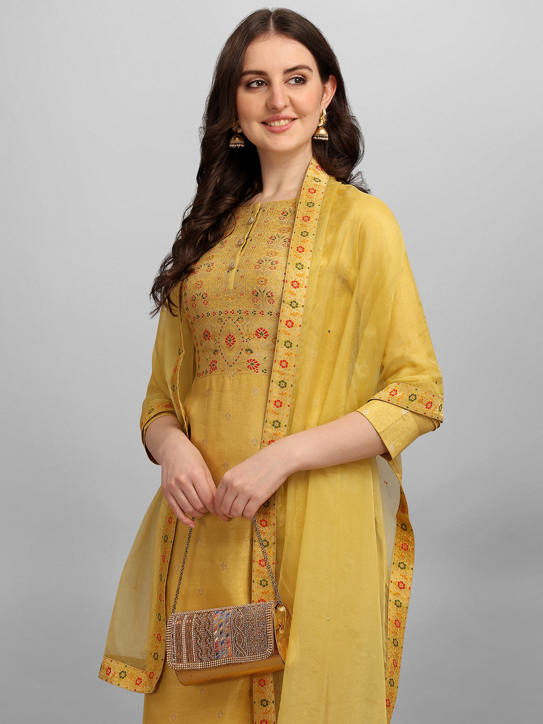 Yellow Meena Jacquard Kurta Suit Set by Qivii