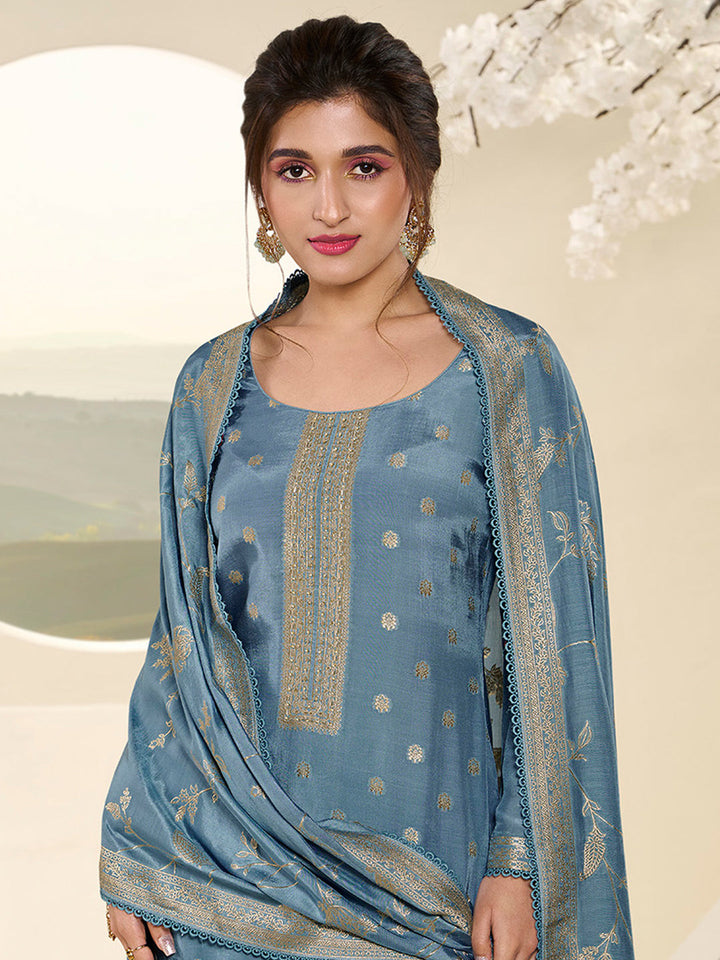 Sky Blue Muslin Jacquard Kurta Suit Set with Champagne Thread Weave and Pencil Sketch Weave Yoke by Qivii