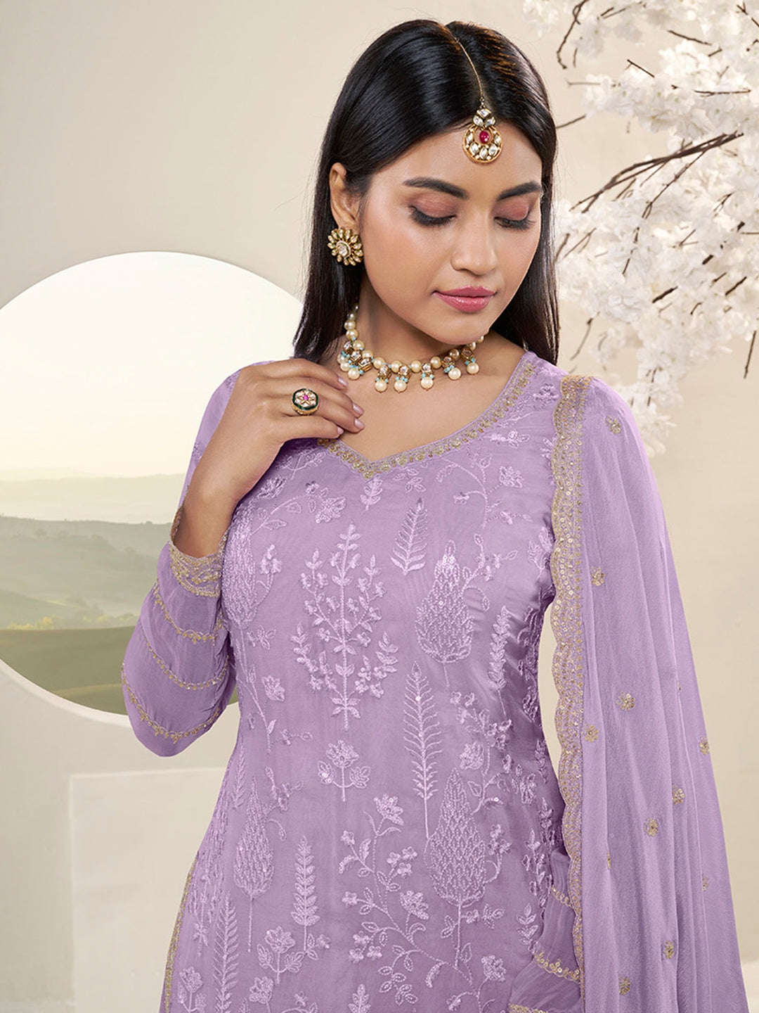 Lavender Floral Pattern, Thread with Sequins & Zari Embroidered Sharara Suit Set by Qivii