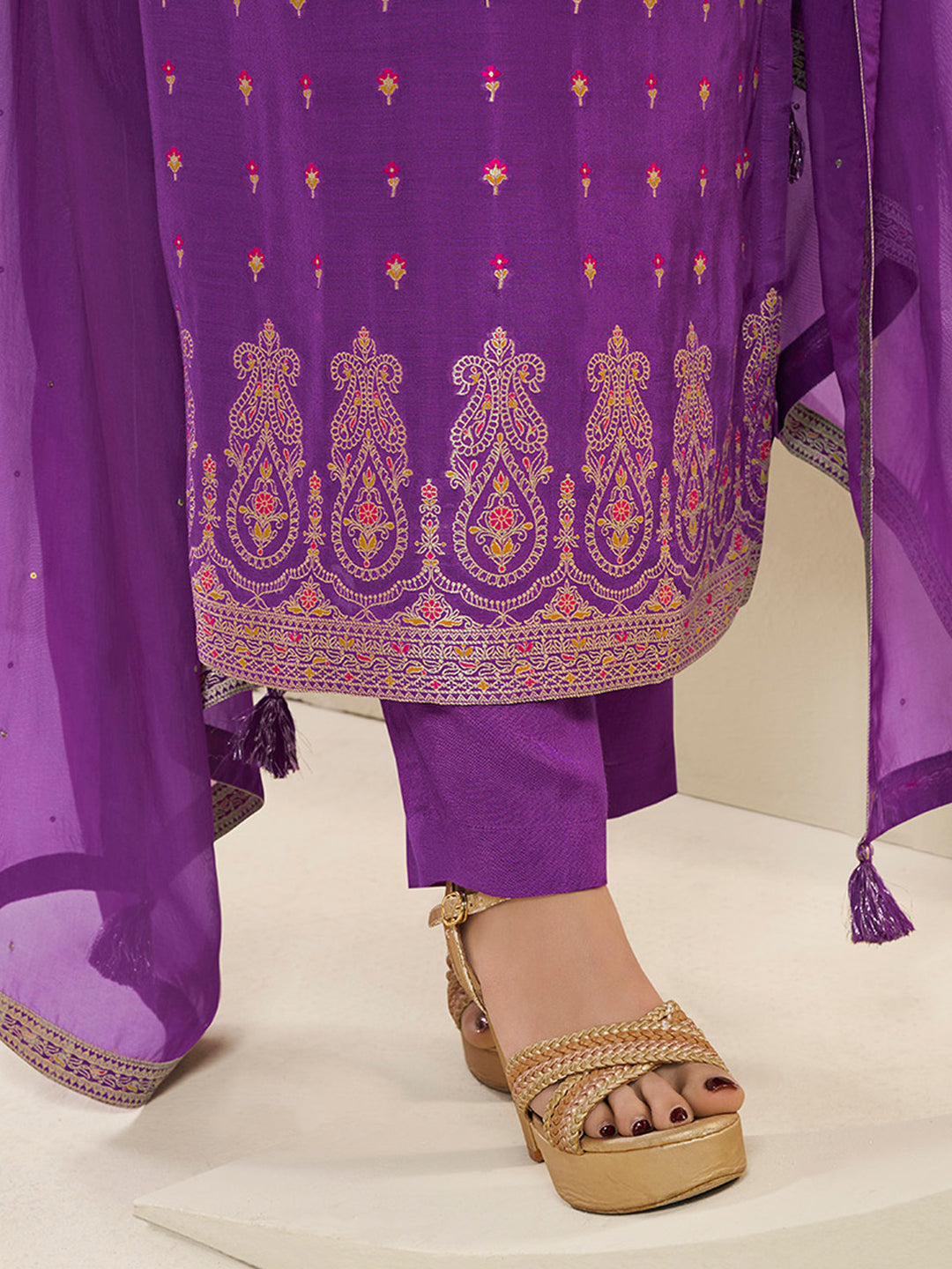 Midnight Purple Muslin Jacquard Kurta Suit Set with Multi Contrast Thread Weave and Paisley Pattern Daman by Qivii