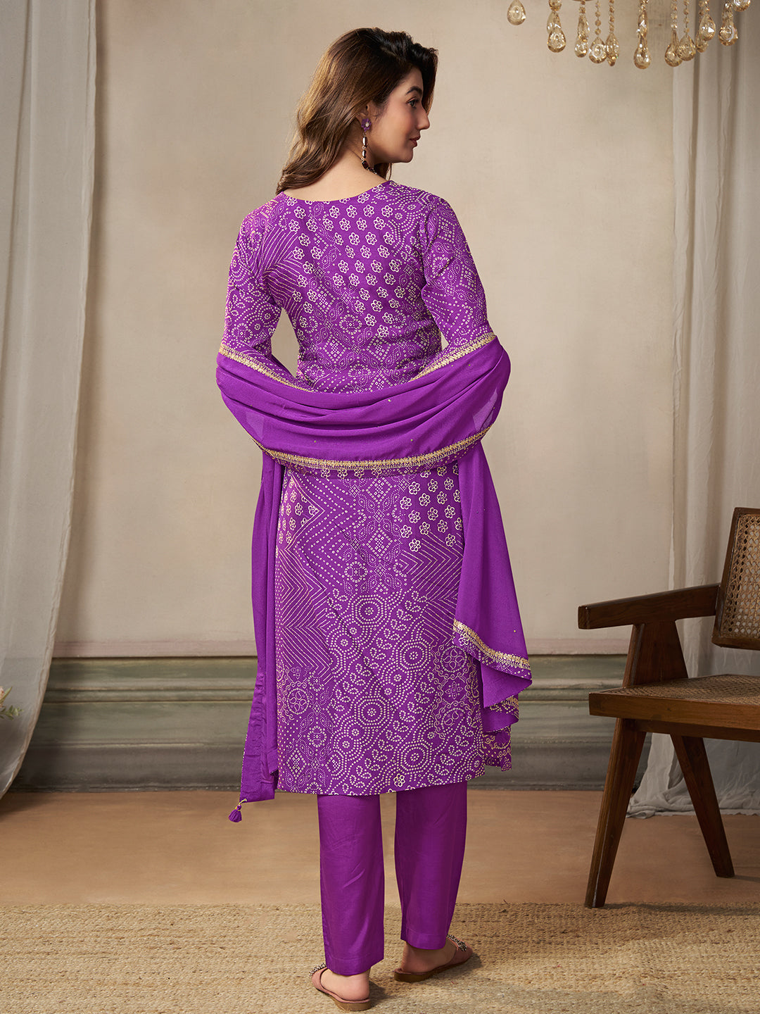 Purple Dola Bandhni Printed with Embroidery Kurta Suit Set