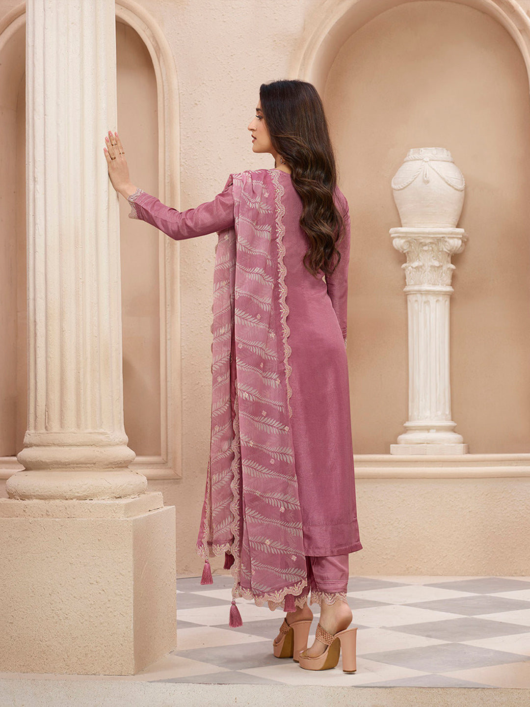 Dusty Rose Cutwork Neckline Dola Silk  Kurta Suit Set  with Lehariya Print Dupatta by Qivii