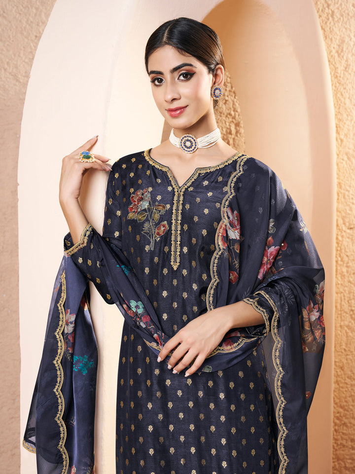 Dark Blue Black Applique Jacquard Kurta with Floral Print Dupatta by Qivii