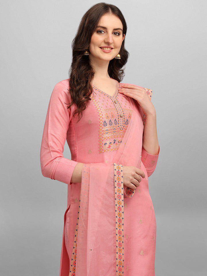 Peachish Pink Meena Jacquard Kurta Suit Set by Qivii