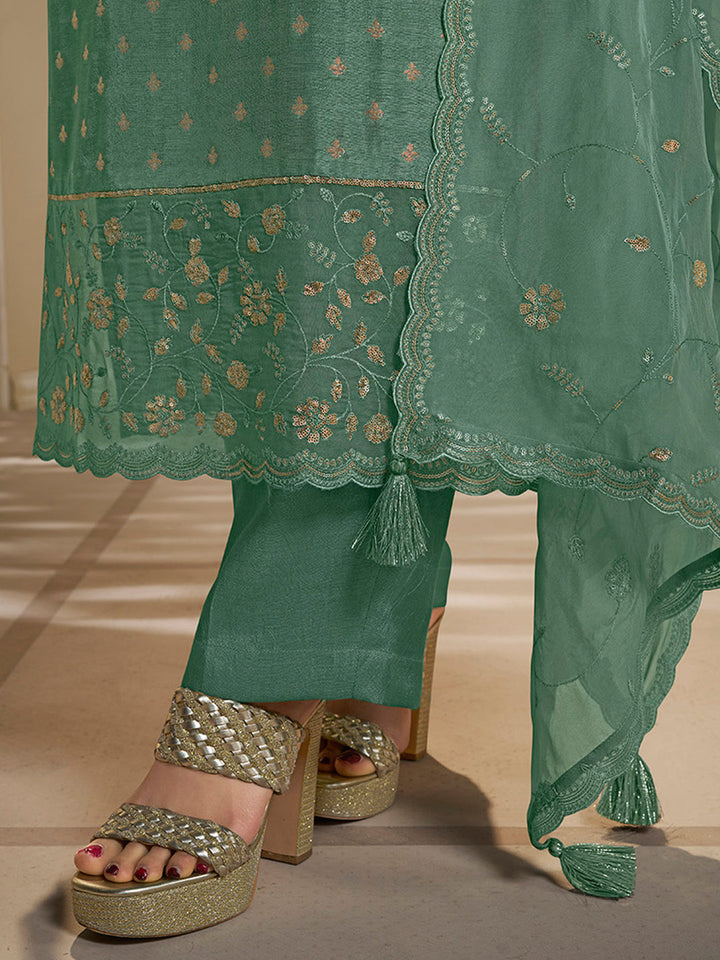 Green Dola Jacquard Kurta Suit Set with Embroidered with Thread and Sequins Work by Qivii