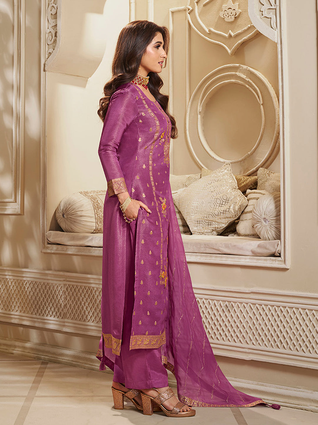 Pink Tissue Silk Meena Jacquard Designer Panel Work Kurta Suit Set by Qivii