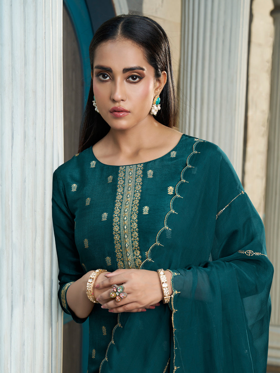 Exquisite Dark Teal Green Jacquard Kurta Suit by Qivii