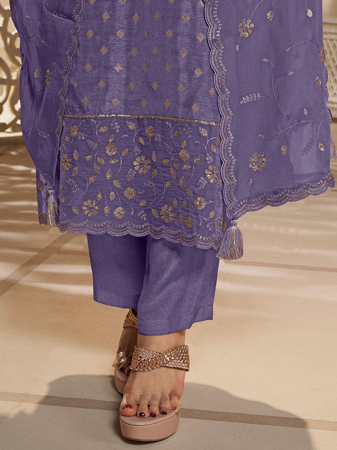 Lavender Dola Jacquard Kurta Suit Set with Embroidered with Thread and Sequins Work by Qivii