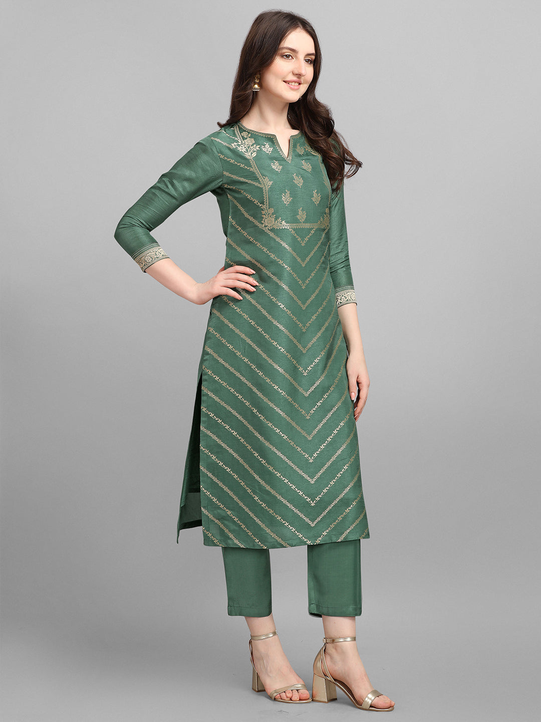 Cyan Green Jacquard Placement Kurta by Qivii