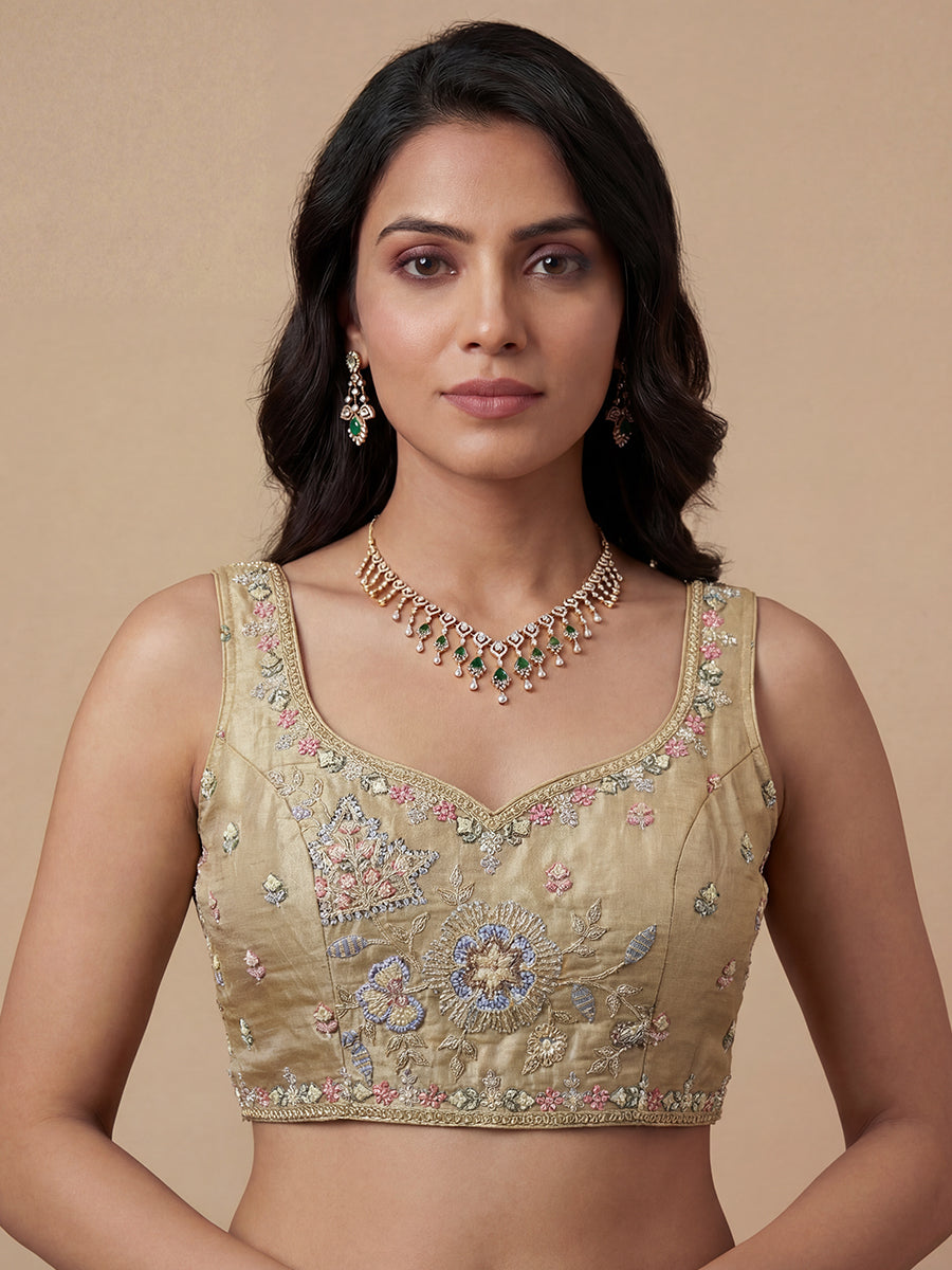 Beige-Golden Color Tissue Fabric Beads & Sequin Embroidered Semi Stitched Lehenga Choli & Dupatta