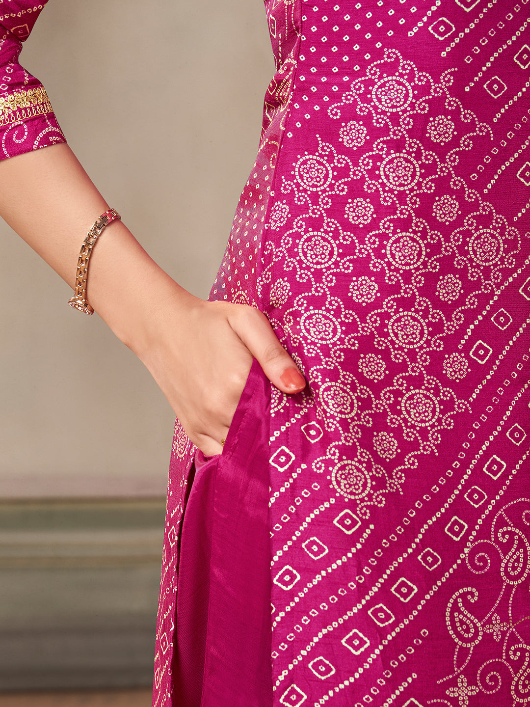 Pink Dola Bandhni Printed with Embroidery Kurta Suit Set