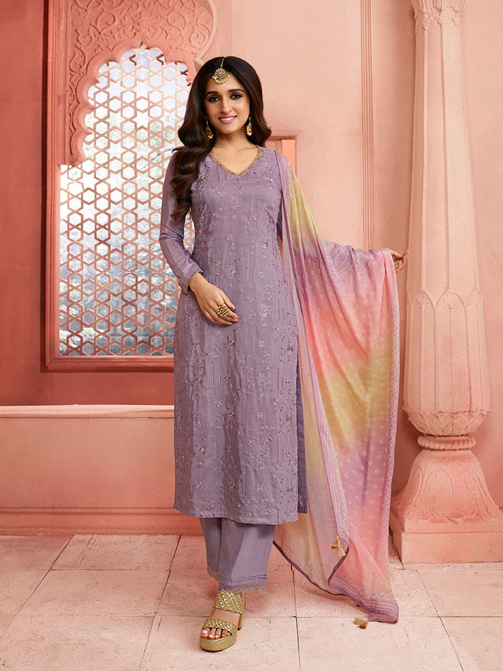 Lilac Full Jaal Thread Embroidery kurta Suit set with Bandhni Print Gradient Dupatta by Qivii