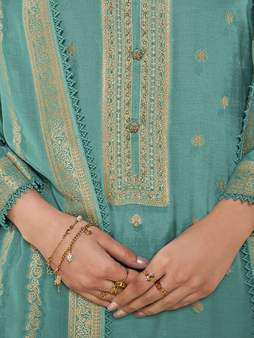 Sea Green Muslin Jacquard Kurta Suit Set with Champagne Thread Weave and Pencil Sketch Weave Yoke by Qivii