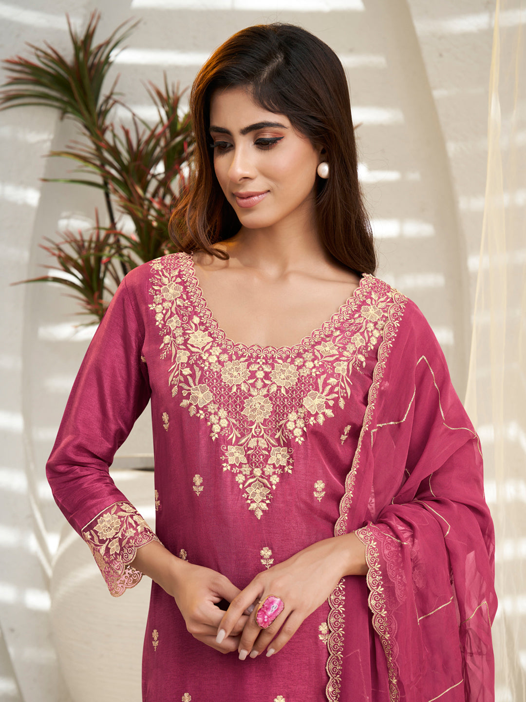 Floral and Geometric Threadwork Cherry Pink Kurta Set with Hanging Pearl Daman, Straight Pant, and Dupatta