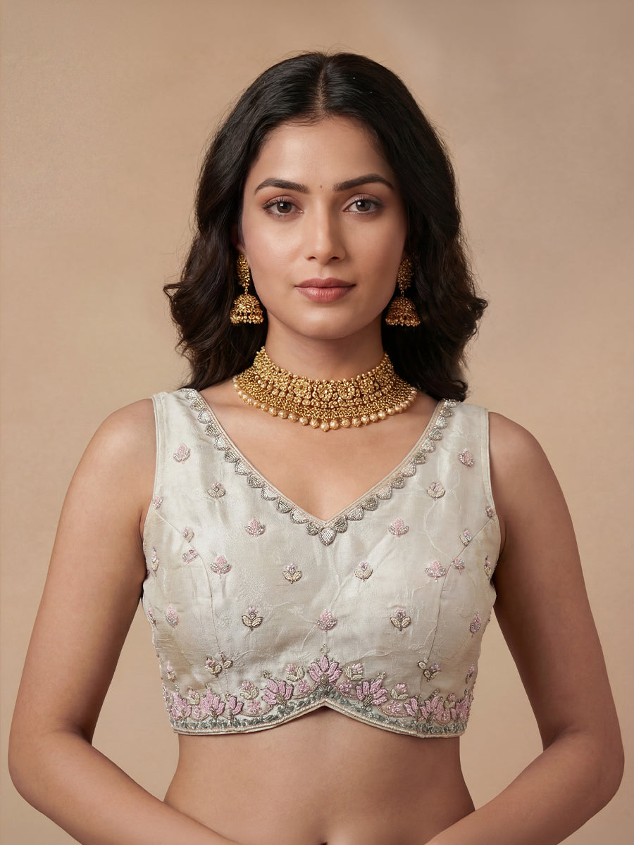 Cream & Pink Color Jacquard Tissue Sequined Embroidered Lehenga set