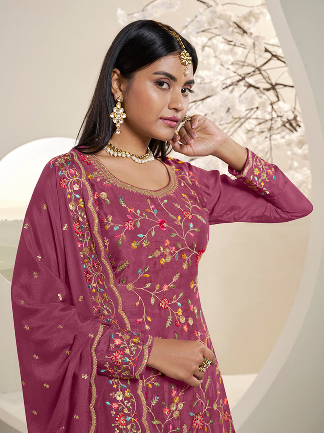 Dark Pink Sharara Suit Set with Floral & Embroidery Design