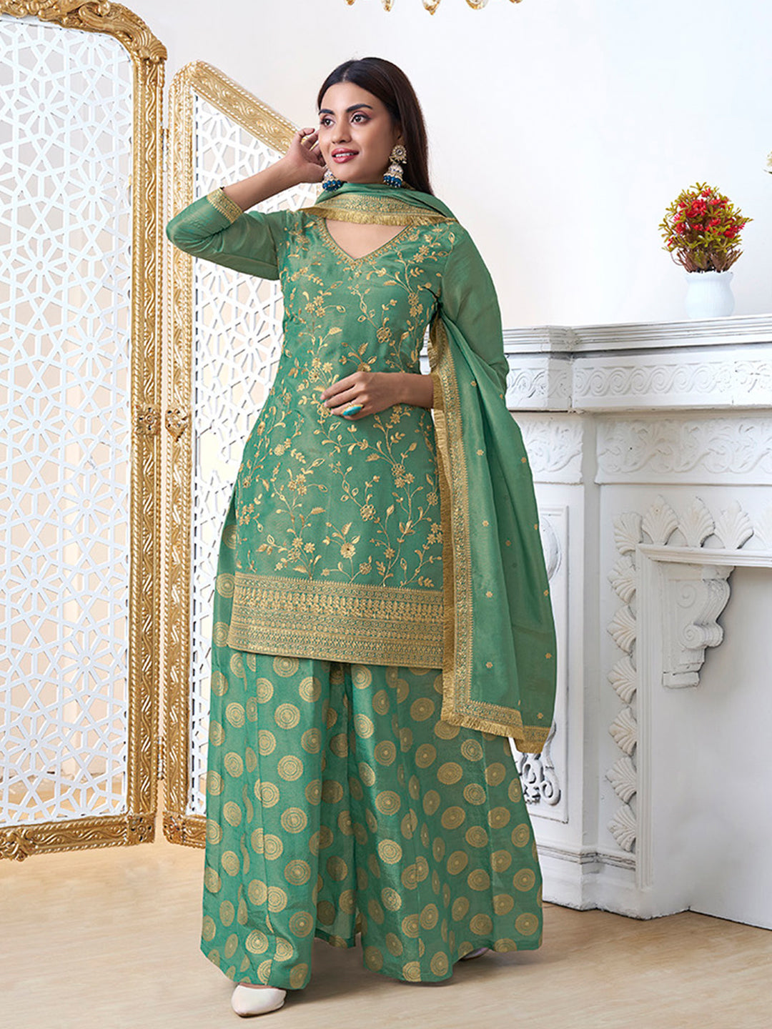 Lime Green Sharara Suit Set in Tissue with Pitta Work Dupatta
