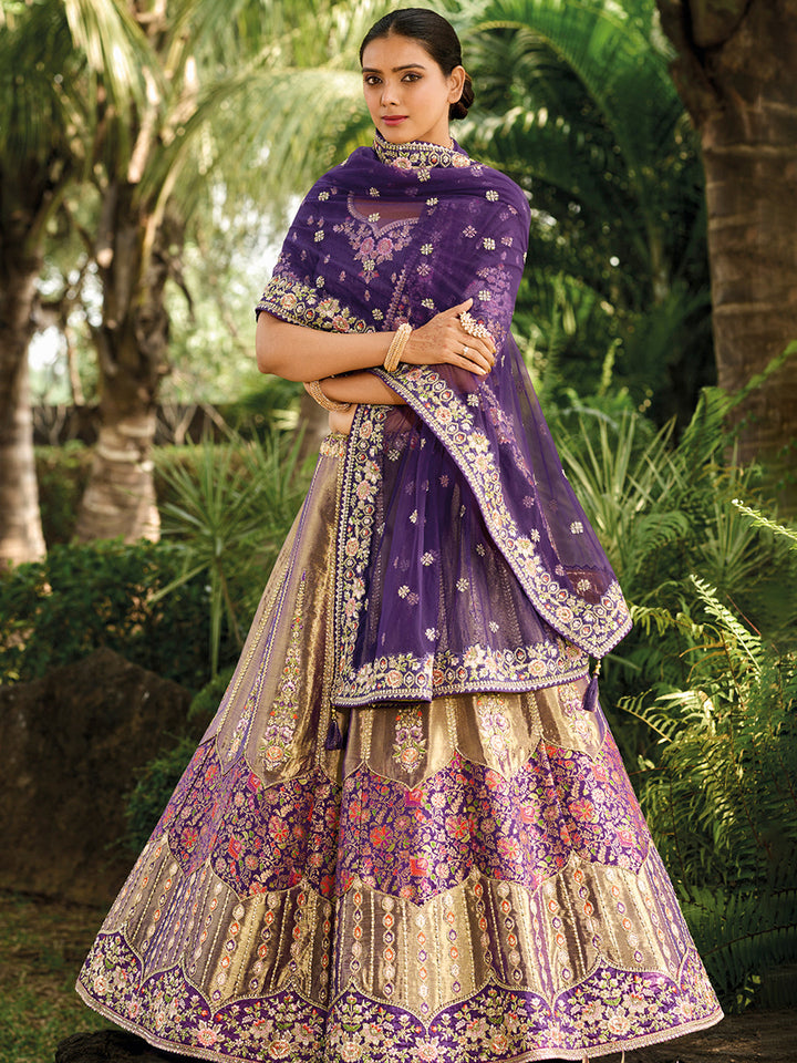 Purple-Golden Heavy Embroidered Cut Work Silk Semi Stitched Lehenga Choli