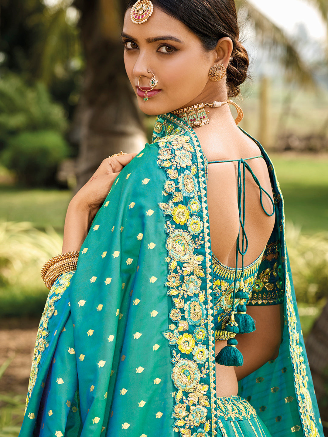 Teal Banarasi Silk Heavy Embroidered Cut Work Semi Stitched Lehenga Choli