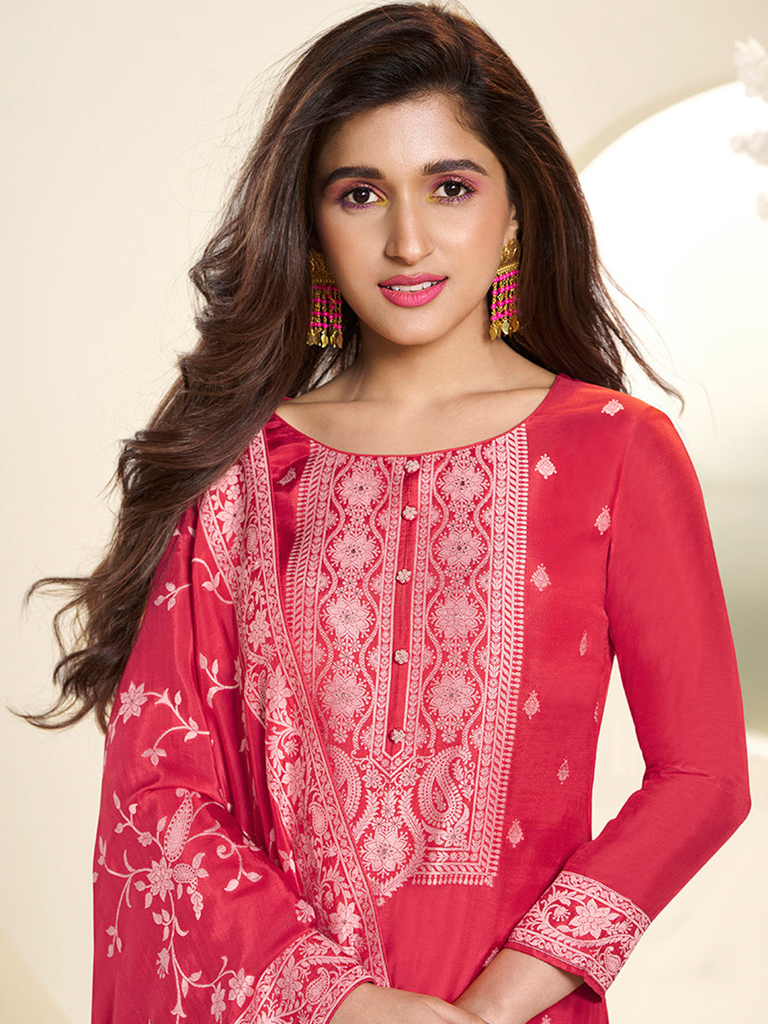 Muslin Jacquard Amaranth Kurta Suit Set with White Thread Weave with Handcrafted Buttons