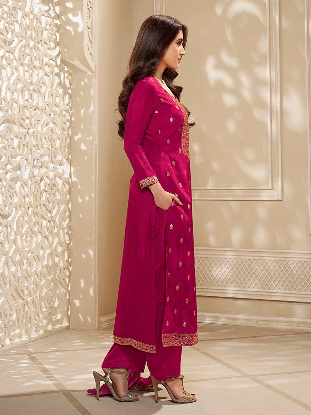 Dola Silk Jacquard Kurta With designer Yoke and handwork  with trousers and Dupatta