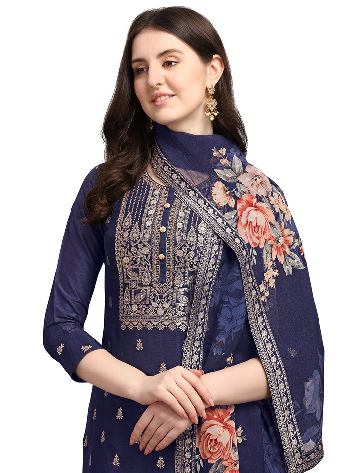 Dark Indigo Jacquard Kurta Suit Set by Qivii