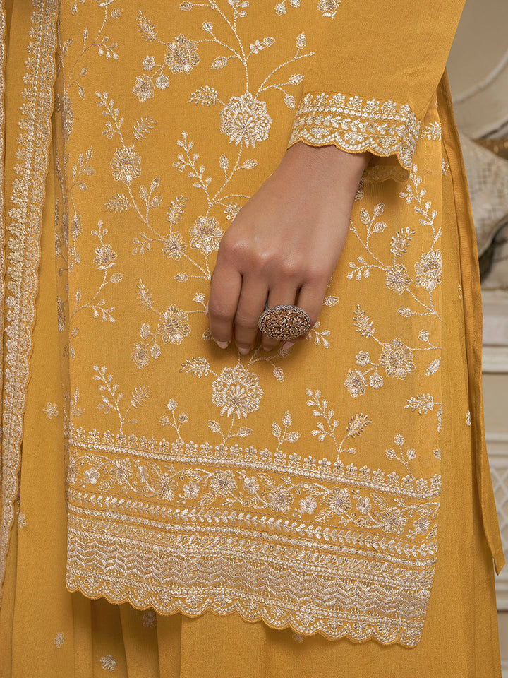 Yellow Floral Pattern, Thread and Sequins Embroidered Sharara Suit Set by Qivii