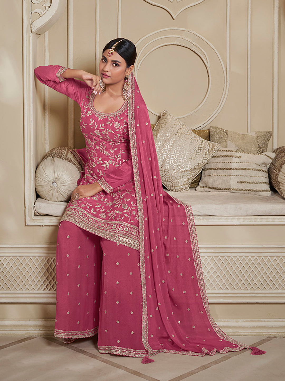 Deep Rose Floral Pattern, Thread and Sequins Embroidered Sharara Suit Set by Qivii