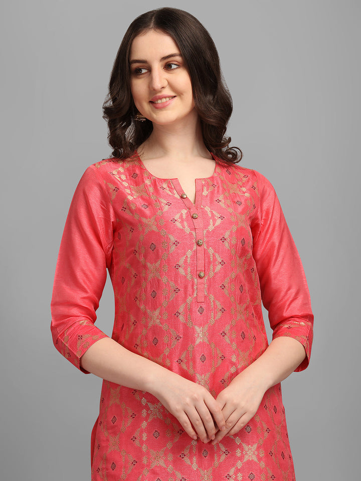 Pink Meena Jacquard Kurta Suit Set by Qivii