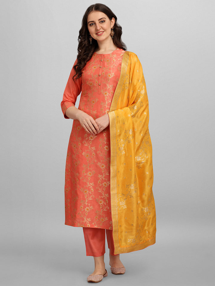 Orange Meena Jacquard Kurta Suit Set by Qivii