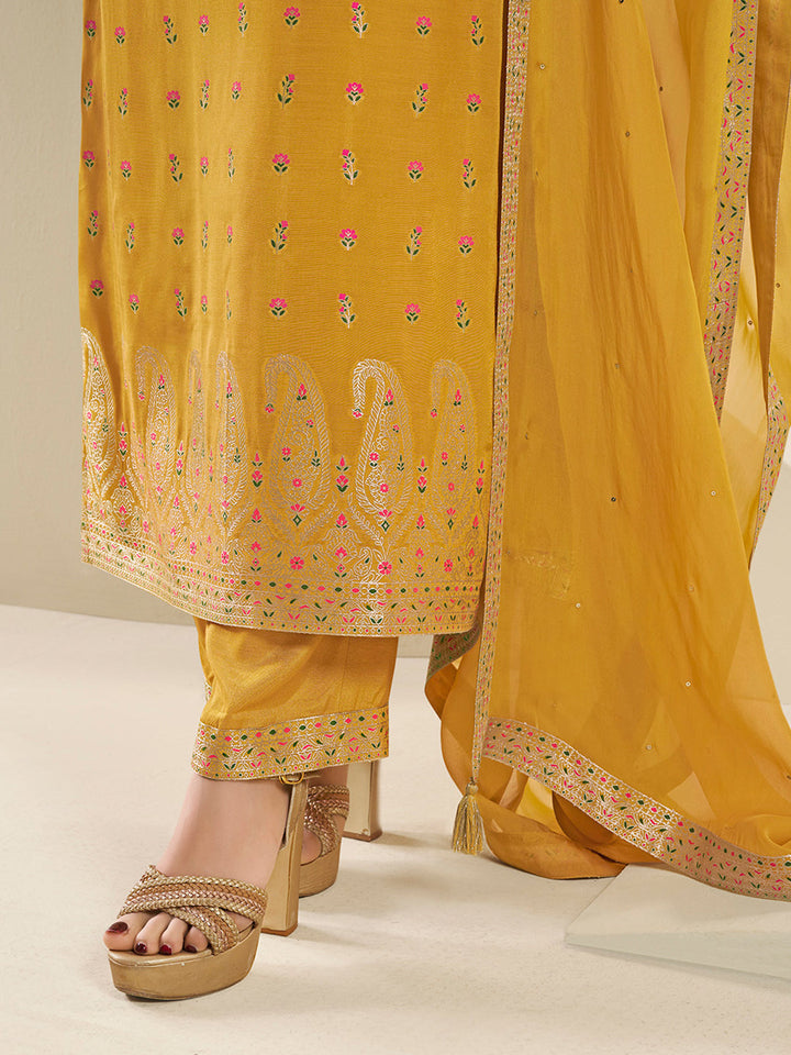 Amber Yellow Muslin Jacquard Kurta Suit Set by Qivii