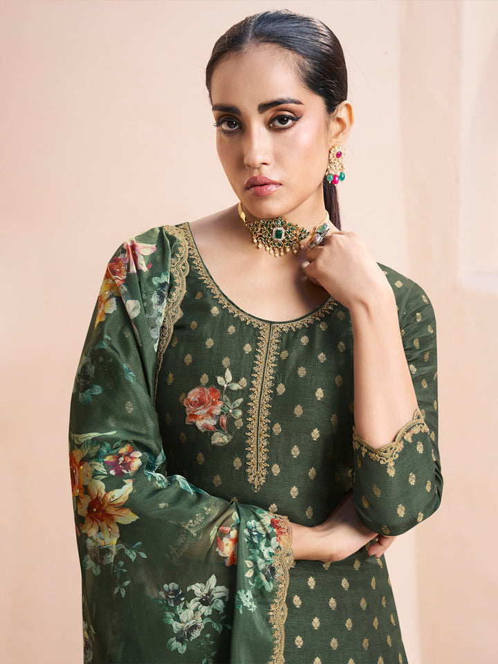 Women's Cotton Kurta Set - Dark Olive Green Applique Jacquard Kurta with Floral Print Dupatta by Qivii