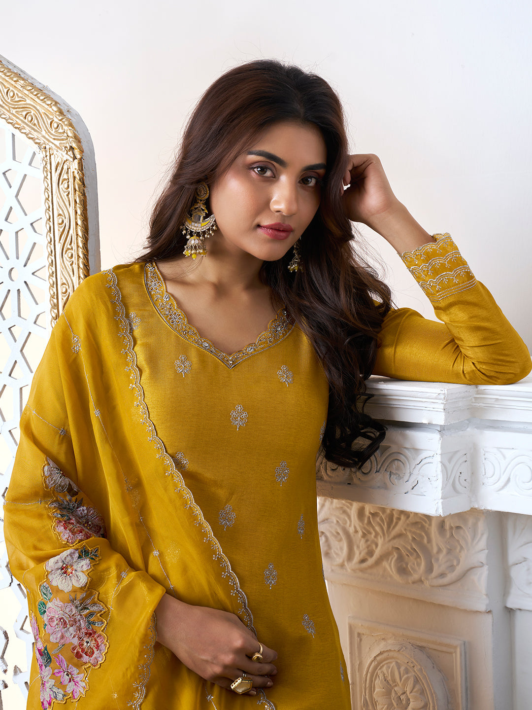 Mustard Yellow Cutwork Neckline Dola Silk Kurta Suit Set with Floral Aplique Dupatta by Qivii