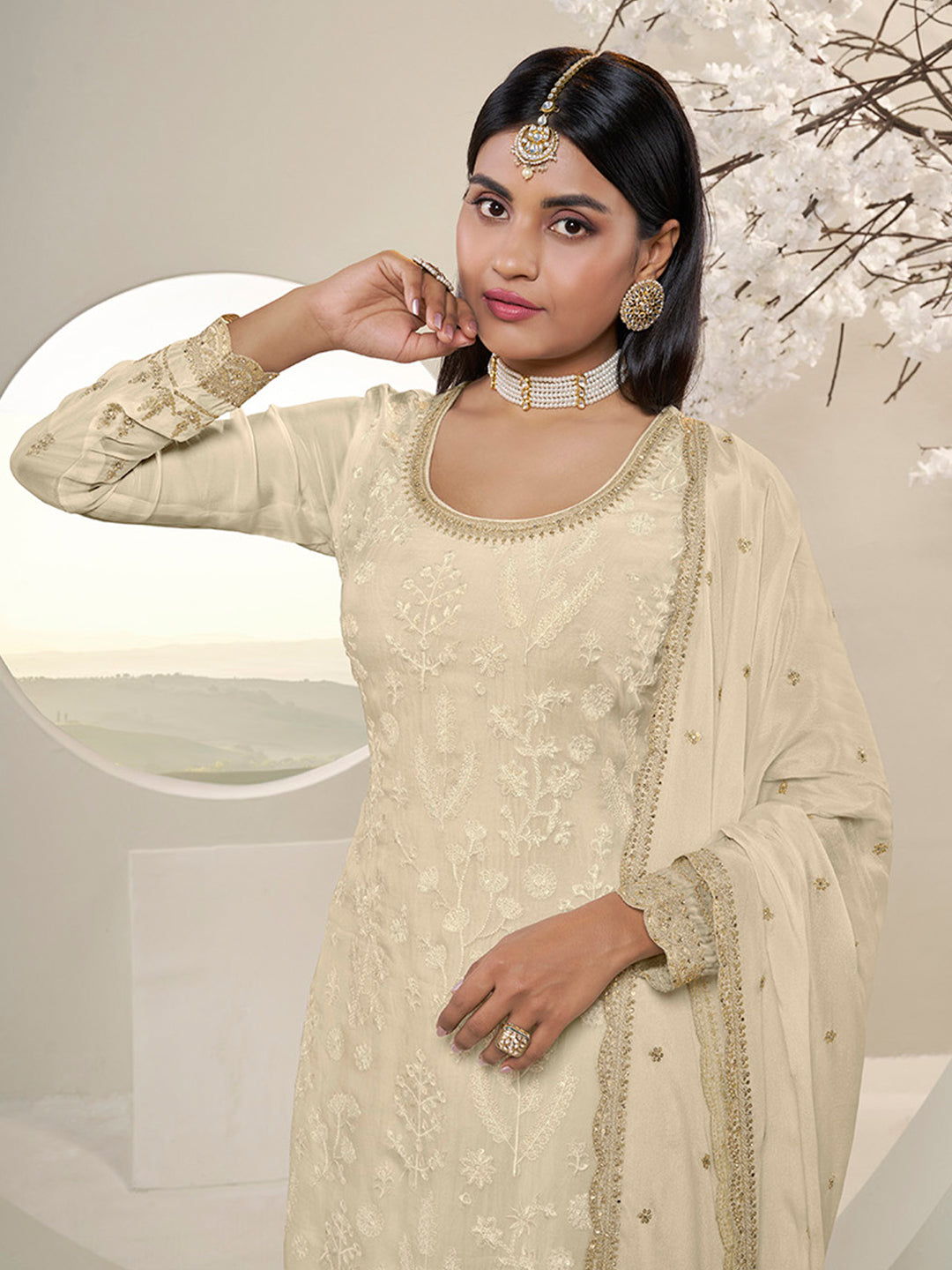 Off White Floral Pattern, Thread with Sequins & Zari Embroidered Sharara Suit Set