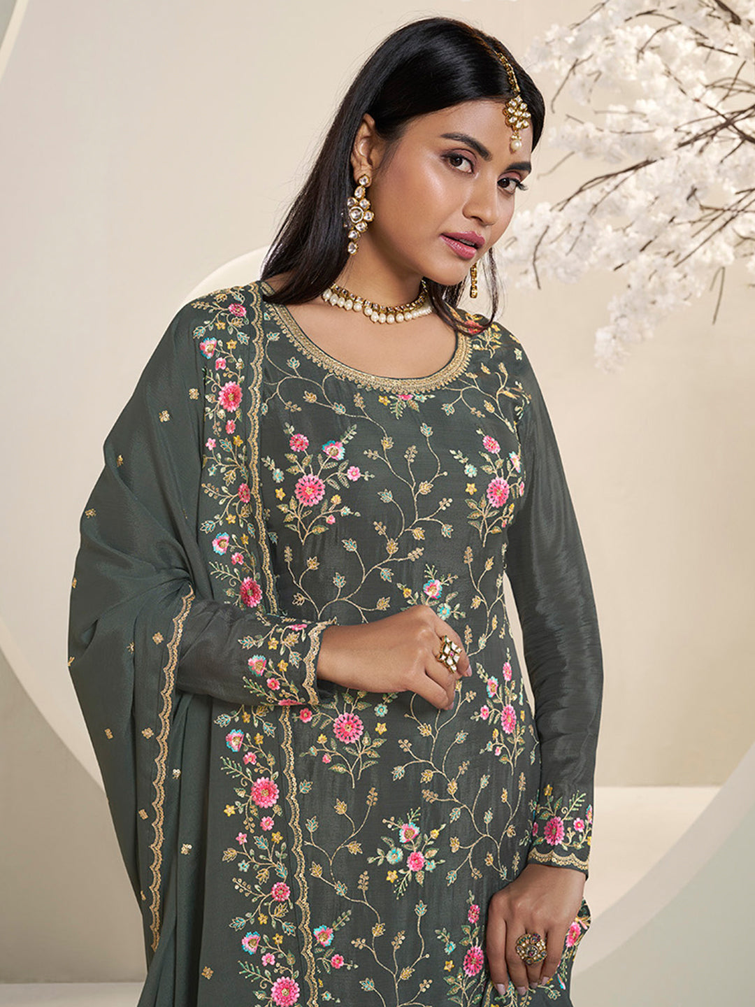 Grey Multi Colour Floral Thread & Embroidered Sharara Suit Set by Qivii