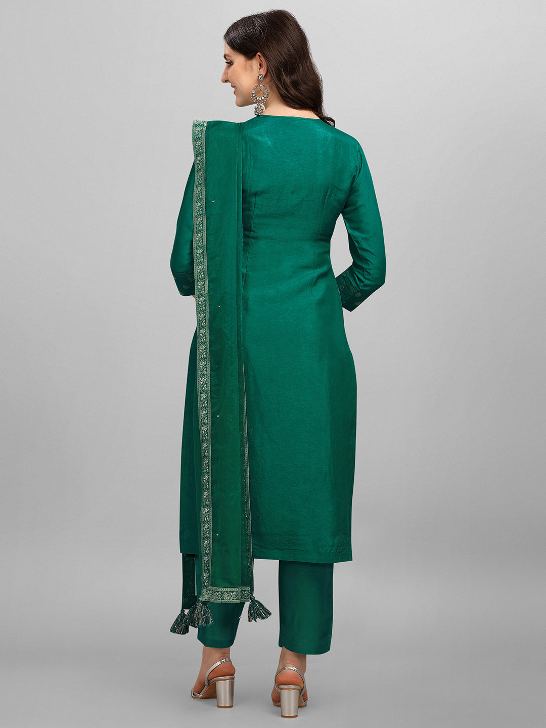 Green Panel Jacquard Kurta Suit Set by Qivii