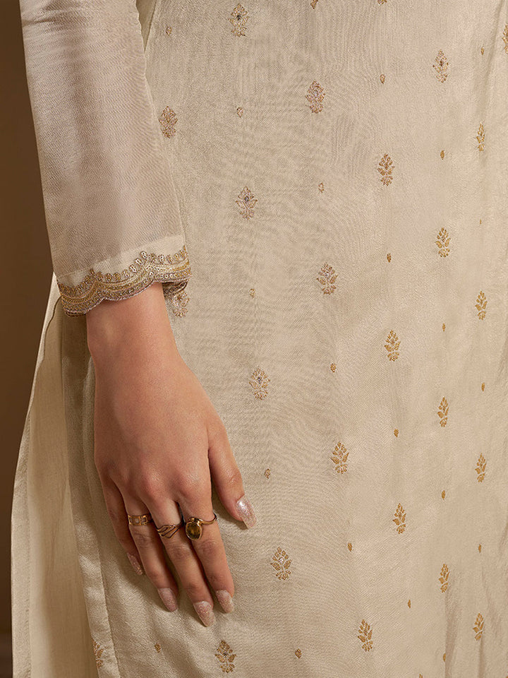 Off White Dola Jacquard Kurta Suit Set with Embroidered with Thread and Sequins Work by Qivii