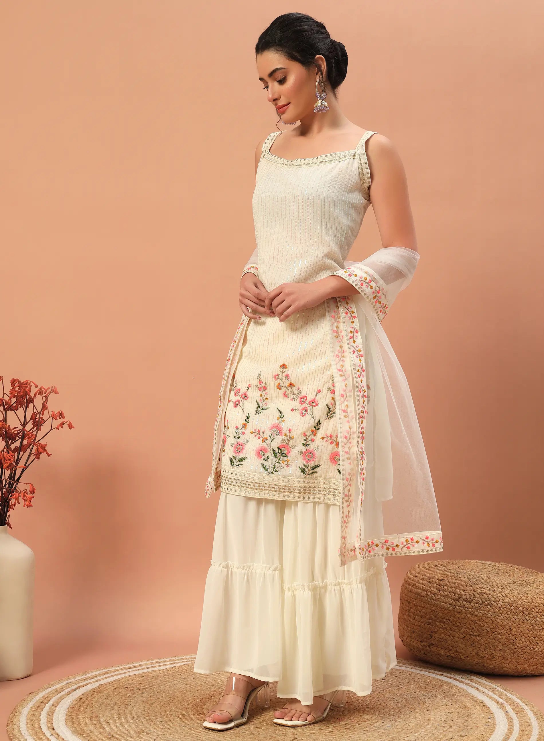 Beige Georgette Sequence Embroidery Work Salwar Suit