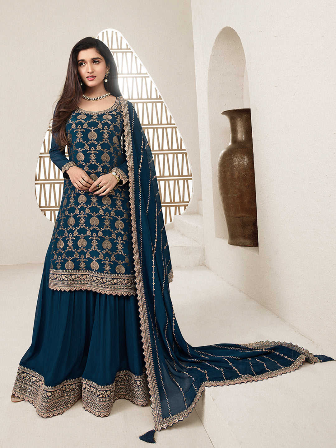 Dark Teal Jacquard with Embroidery Sharara Suit Set