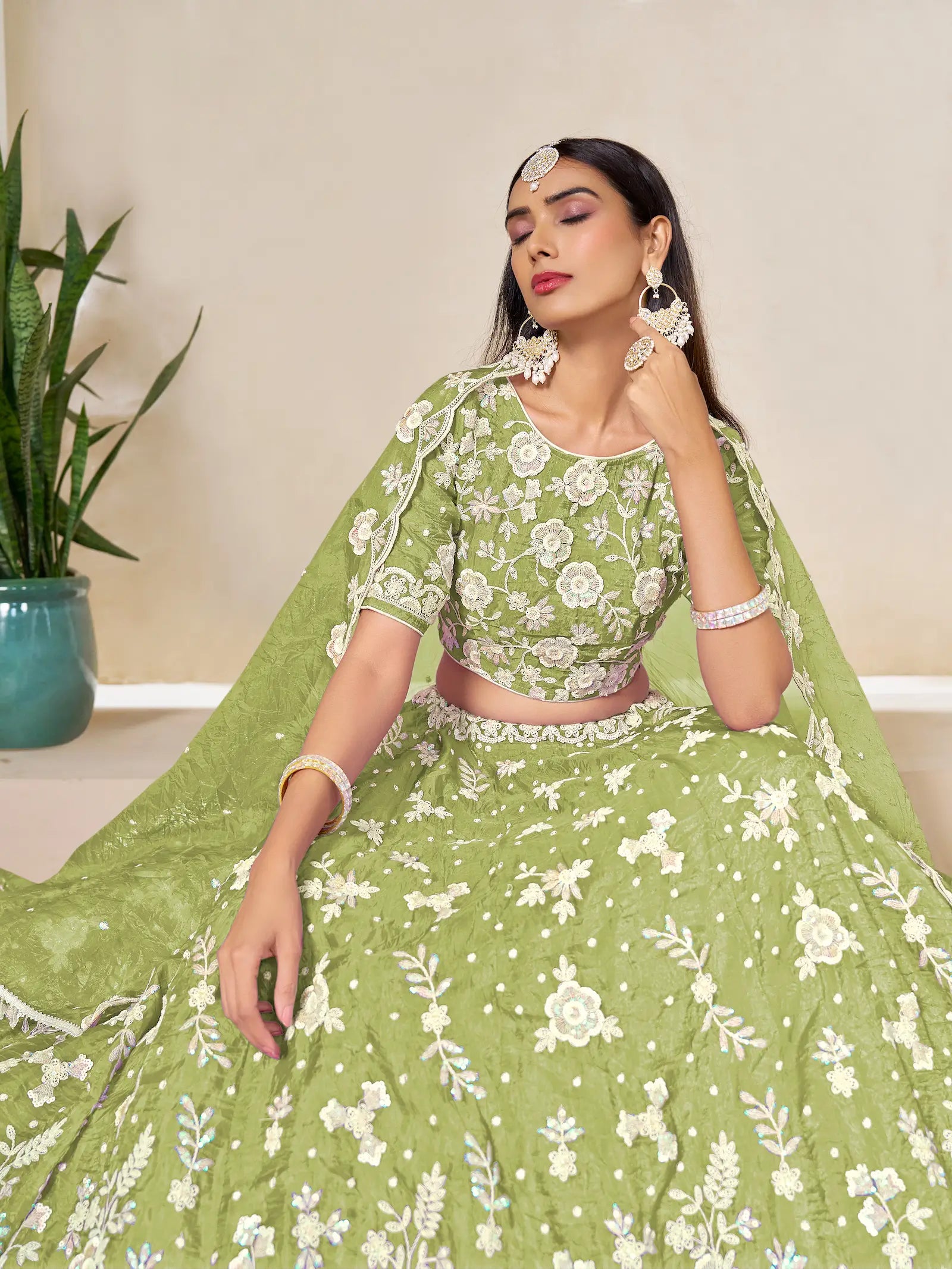 Tan Green Gold Crush Embroidery Lehenga Choli - qivii