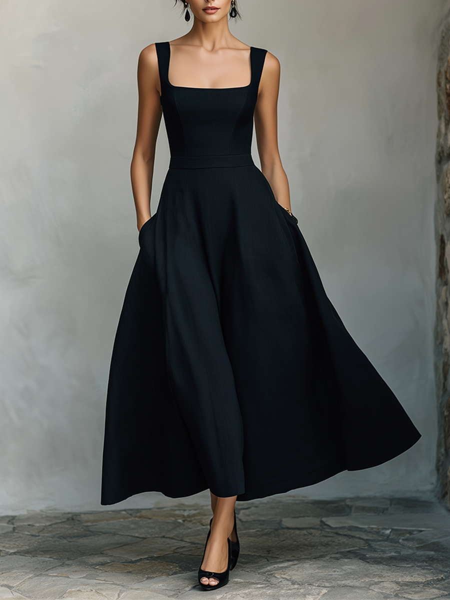Women's Black Maxi Dress With Wide Square Neck Thick Straps & Side Patch Pockets, Minimalist Elegant Formal Swing Dress MDZ2269F2LYL