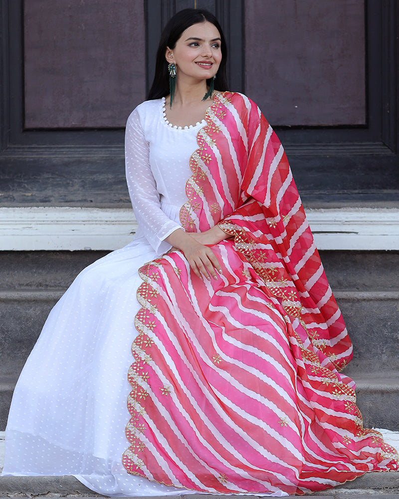 White Color Georgette Designer Gown With Dupatta  - By Qivii