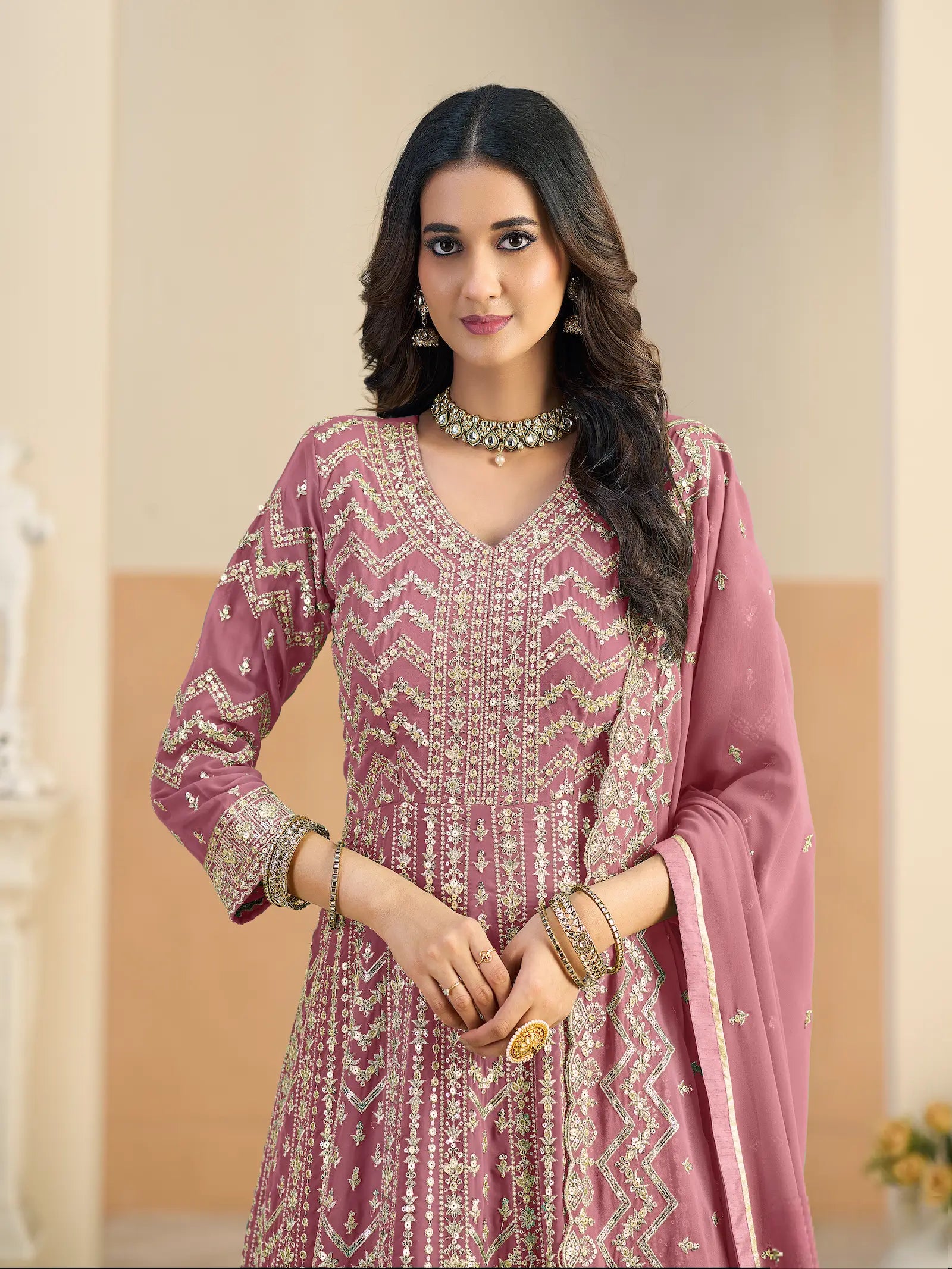 Pastel Pink Georgette Embroidery Gown