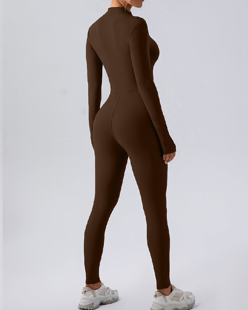 Zip Up Long Sleeve Fleece Skinny Jumpsuit Winter Thermal One-piece Fitness Bodysuit  - By Qivii